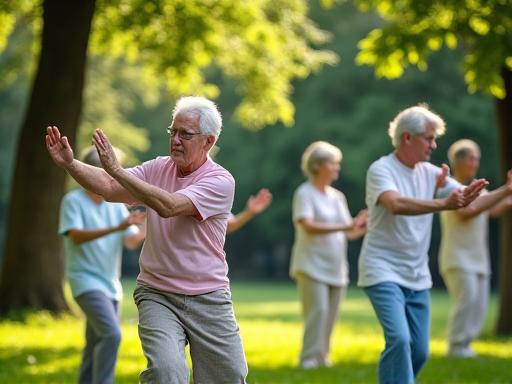 Seniors participating in a group tai chi class in a park.